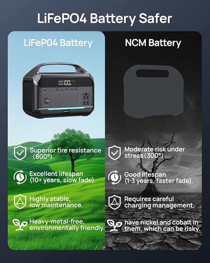 DARAN Portable Power Station 600W (1200W Peak), 288Wh (90,000mAh) Solar Generator LiFePO4 Battery with AC DC Outlets, 2hrs Fast Charging, 7-Port Design for Emergency, Hurricane (Solar Optional)