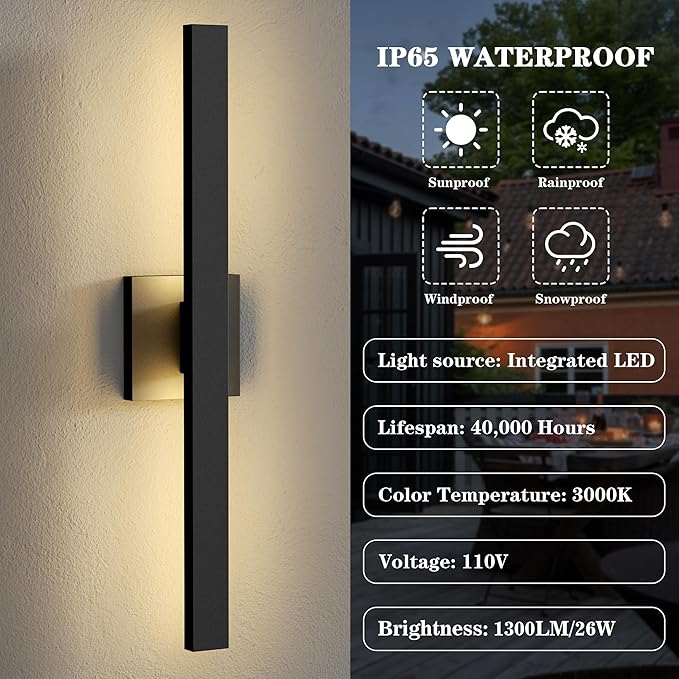 LamQee 23.6 Inch Aluminum Long Outdoor Modern LED Wall Light 3000K 1300LM, Slim Linear Exterior Lighting Fixtures Wall Mount, Waterproof Black Outside Sconce for House Porch Patio Garage Door Yard