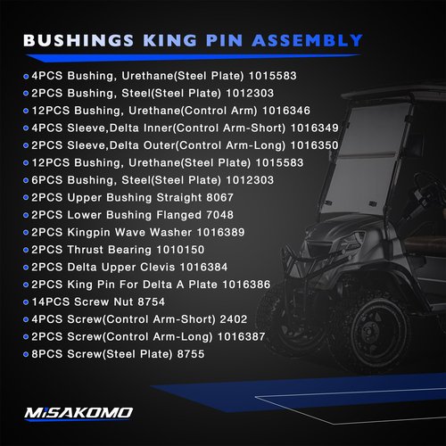 Misakomo Golf Cart Front & Rear End Repair Kit with King Pin, Bushings and Clevis, for 1993+ Club Car DS Gas & Electric, Deluxe Rebuild Kit Replaces 1016384 1016386 1016389 1016346 1015583