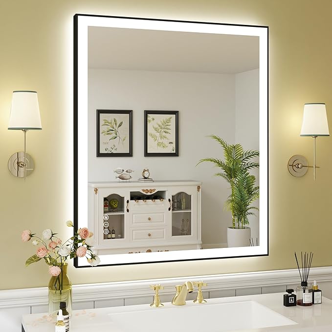 WTTY 30"X36" LED Bathroom Mirror with Black Frame, Bathroom Vanity Mirror with Lights for Wall, Front Light and Backlit, Anti-Fog, Dimmable, 3 Colors, Shatterproof, Memory, Horizontal/Vertical