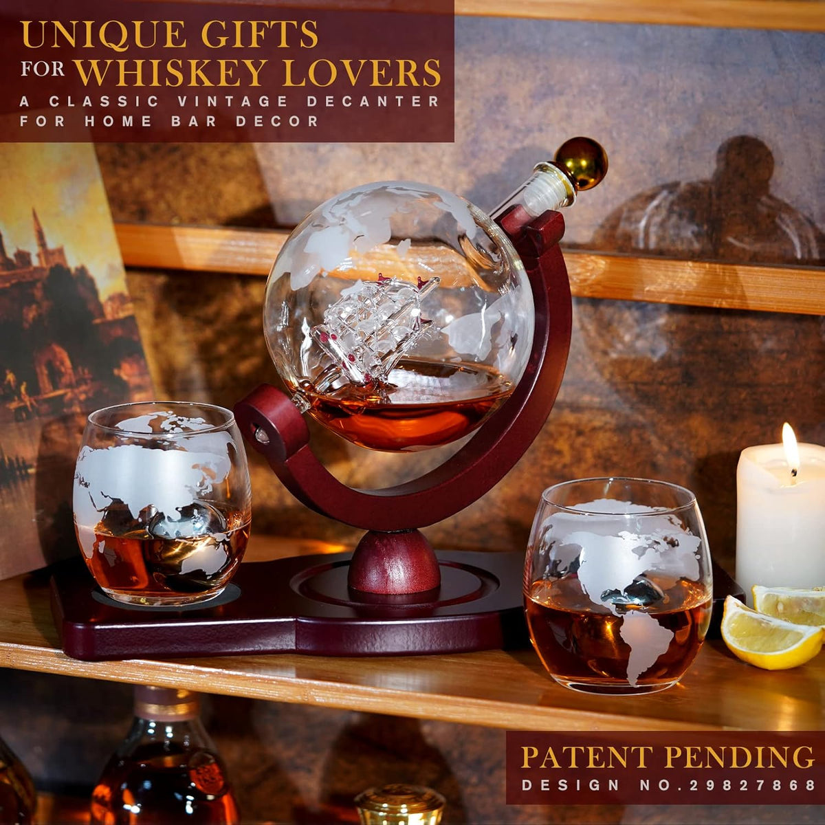PONPUR Whiskey Decanter Globe Set - Includes 2 Glasses & 2 Ball Stones | Perfect Gift for Men, Dads & Husbands