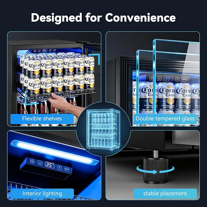 Beverage Refrigerator, 2.47 Cu.Ft Mini Fridge Beverage Cooler | Glass Door, 35–65°F Digital Temperature Display, Adjustable Shelves, Beverage Fridge for Soda, Beer & Wine