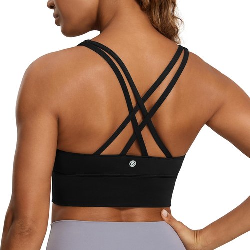 CRZ YOGA Strappy Longline Sports Bra - Medium Impact Criss Cross Padded Crop Top for Women