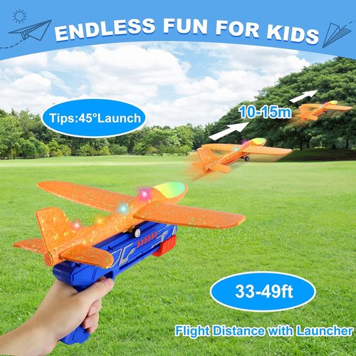 Fuwidvia Airplane Launcher Toys - 3 Pack LED Foam Glider Planes for Kids | Outdoor Fun, 13.2'' (Blue, Green, Orange)