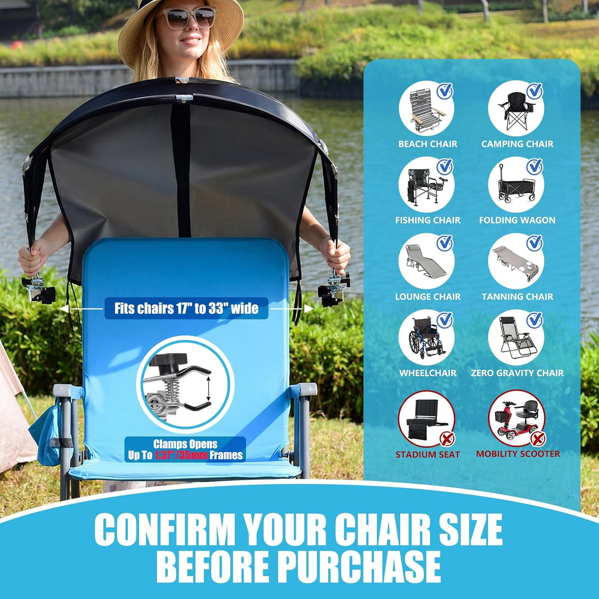 Skiennix Universal Chair Umbrella - Foldable Portable UPF 50+ Sun Shade Attachment | Adjustable Clamp Fits Most Chairs