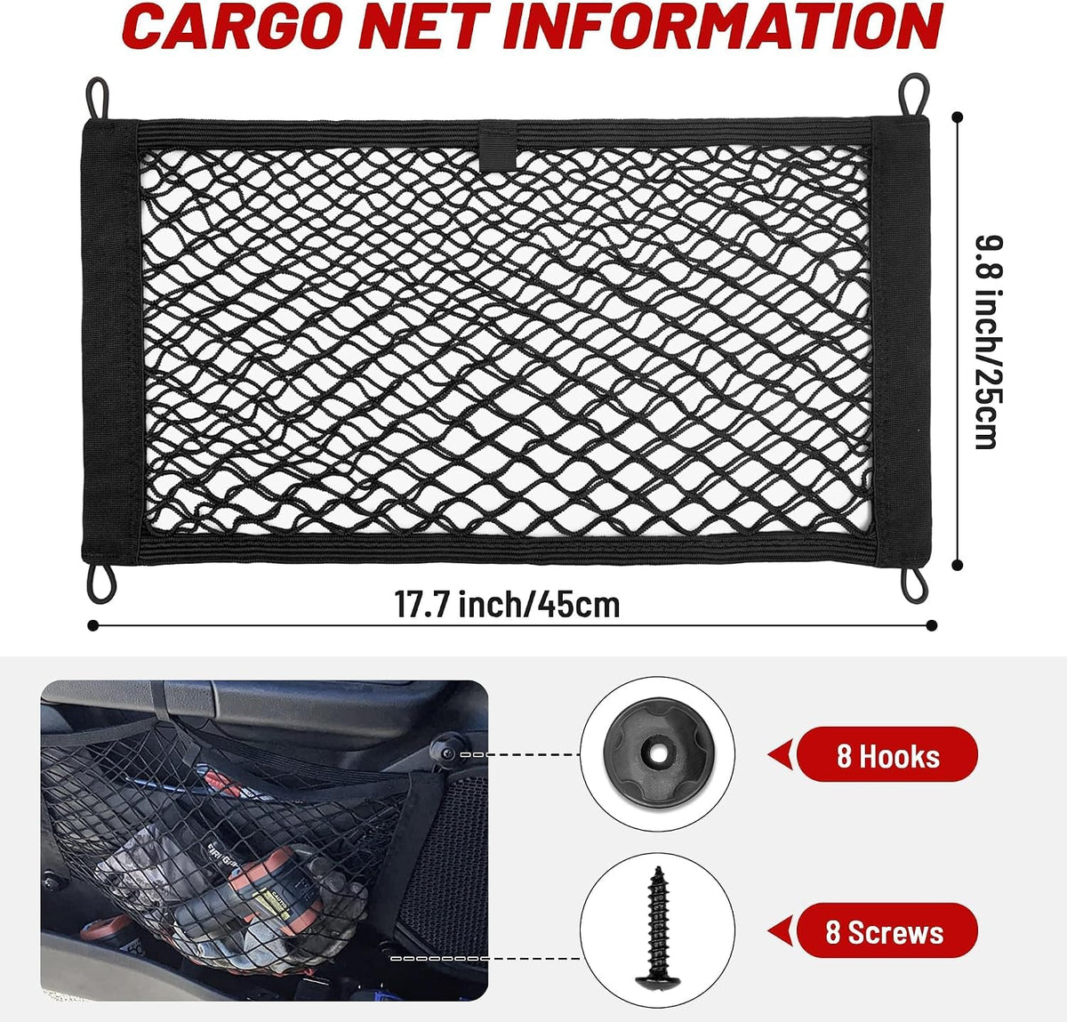 RED WOLF 2 Pcs Small Cargo Net Pocket Elastic Mesh Netting Car Mesh Pouch for Trunk RV Boats Home Cargo Storage with Screws and Hooks (17.7'' x 9.8'')