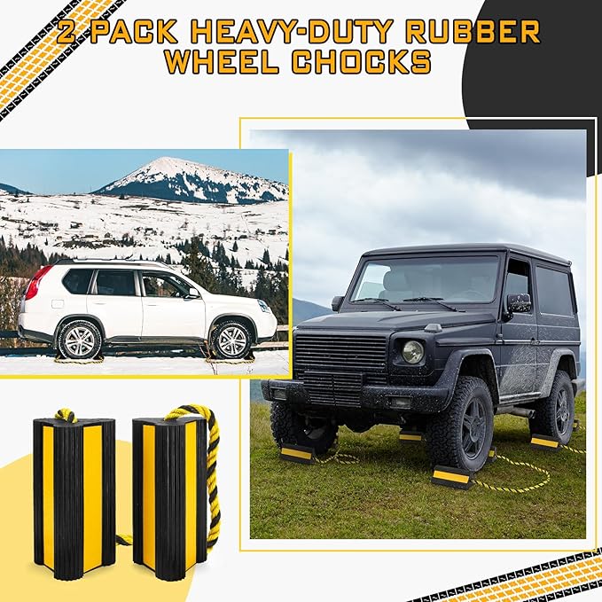 2 Pair Heavy Duty Wheel Chocks for RV Trailer, Rubber Wheel Stoppers, Dual Blocks Front and Back, Non Slip Tire Chock with Nylon Rope Reflective Tape for RVs Travel Trailers Car(Yellow)