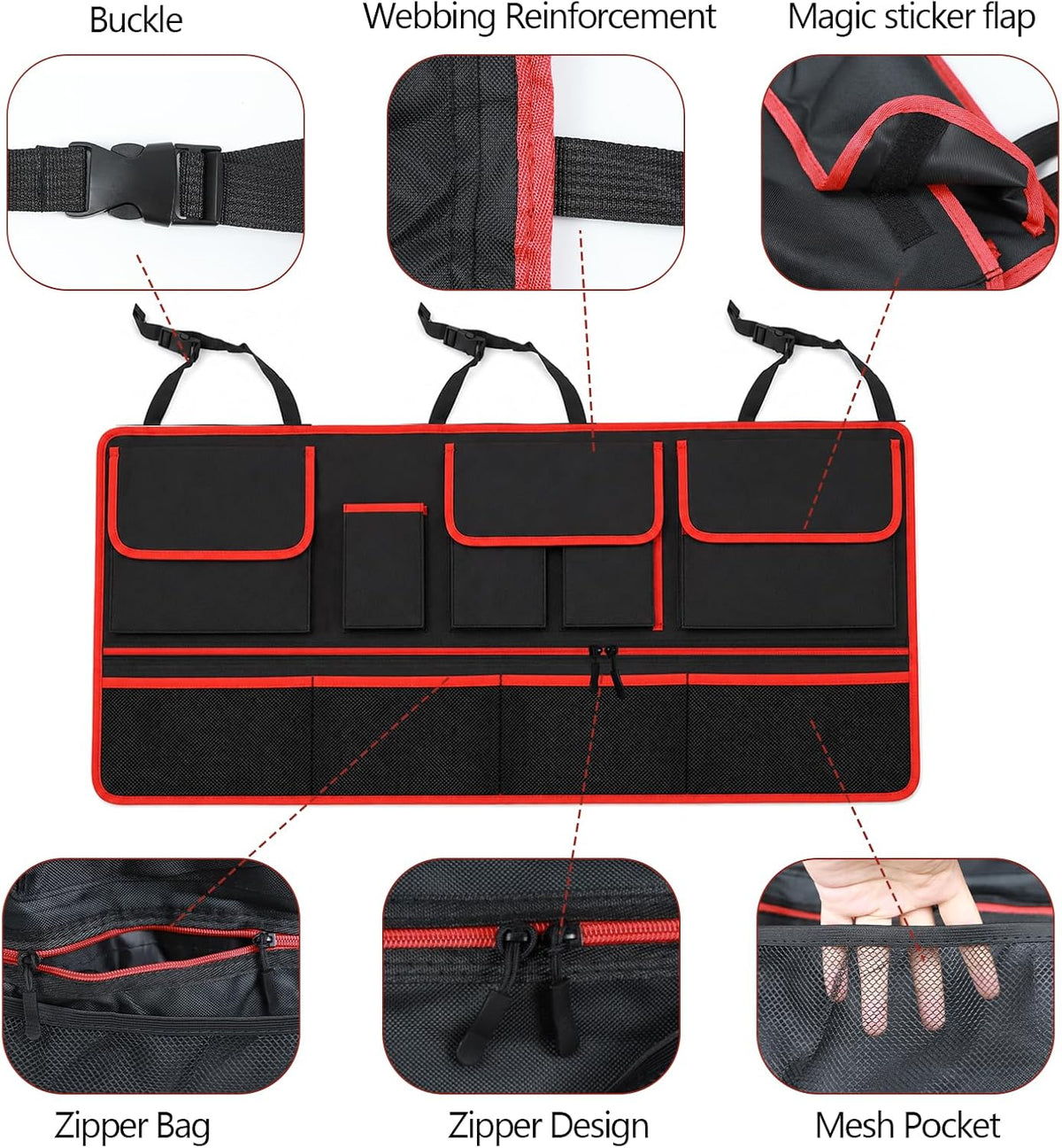 Car Trunk Organizer, Multi-pocket Large Capacity Vehicle Backseat Hanging Storage Bag with Adjustable Straps, Automotive Seat Back Trunk Cargo Organizer Bag for SUV, Car Accessories (Black+Red)