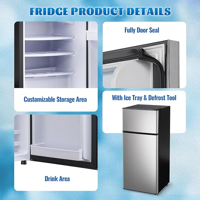 Mini Fridge with Freezer Ample Capacity 2.6 Cubic Feet Small Refrigerator with Top Freezer & 7 Adjustable Temperature 2 Door Small Fridge for Office, Dorm, Bedroom Silver