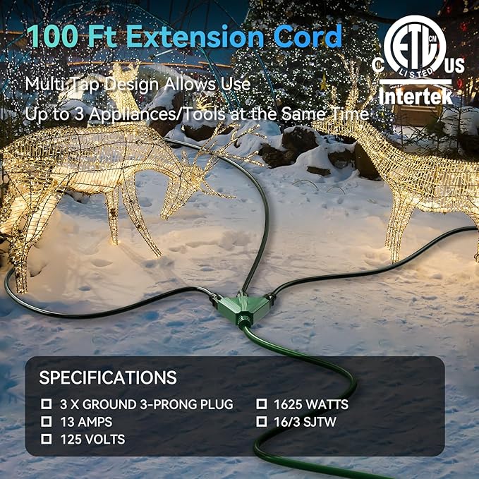 K KASONIC - 100 Ft Extension Cord with 3 Outlets, UL Listed 16/3 SJTW 3-Wire Grounded, 10A 125V 1625W for Indoor/Outdoor Use - Green