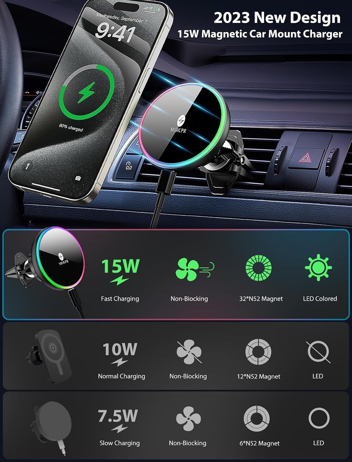 for Magsafe Car Mount Charger 15W LED RGB Car Phone Holder for Dash Vent