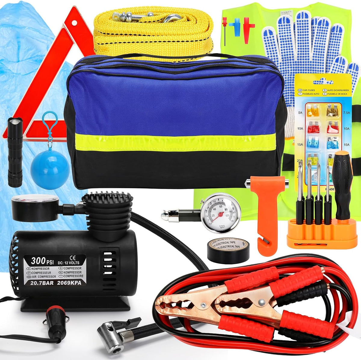 Car Safety Kit,14-Piece Roadside Emergency Car Kit,Vehicle Emergency Kit with Jumper Cables,Car Emergency Kit with Portable Air Compressor Tow Trap for Travel Camping,Car Kit Essentials