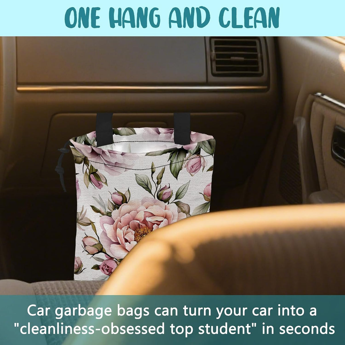 Car Trash Bag Pink Peonies and Green Leaves Leak-Proof Car Garbage Bag with Drawstring Foldable Canvas Trash Bin with Adjustable Buckle for Car Accessories