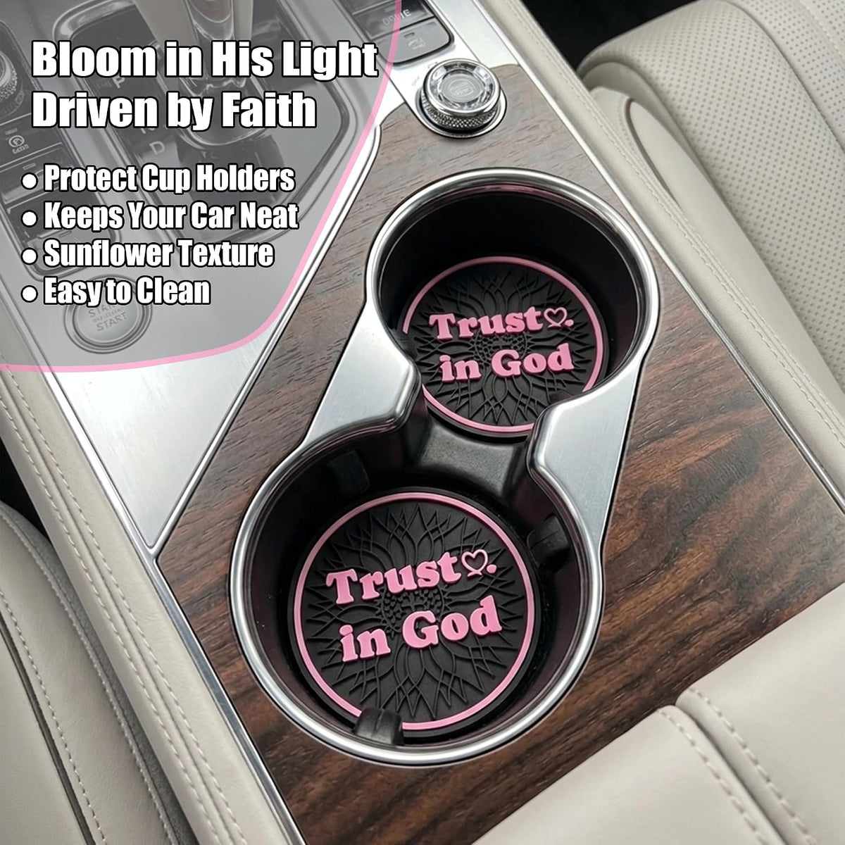 Christian Trust in God Car Steering Wheel Cover with 2 Pack Coasters for Women, PU Leather Pink Car Accessories, Religious Gifts, Universal 14.5-15.5" Fit for Cars, SUVs, Trucks