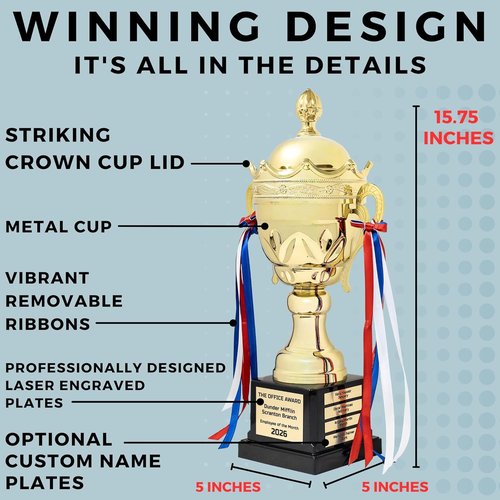 Alpha Awards Large Gold Trophy Cup - Custom Engraved Name Plates | 15.75 Inch Tall for Sports & Tournaments