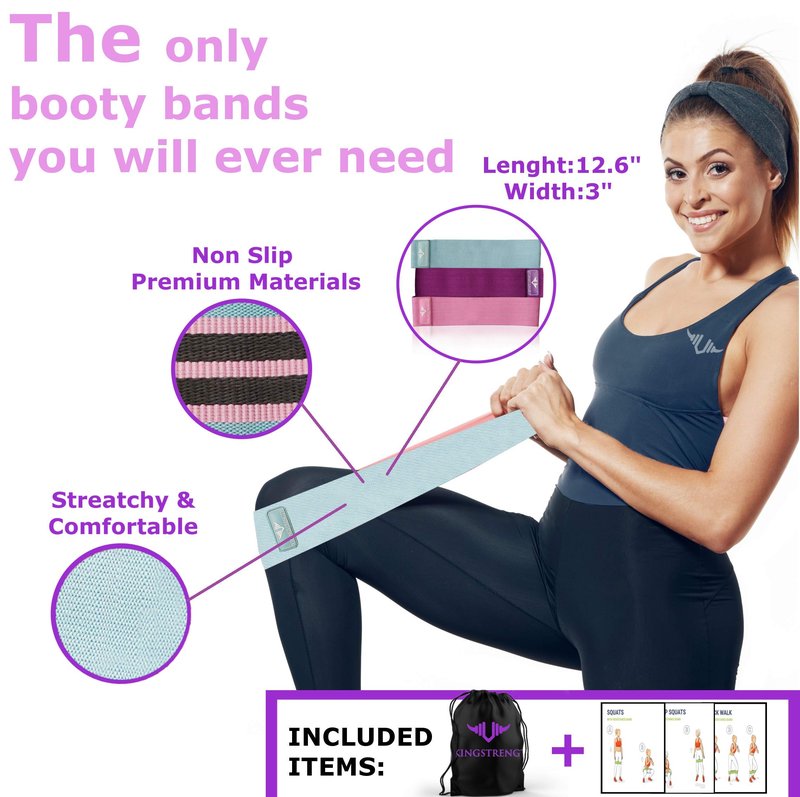 Vikingstrength Booty Bands, Resistance Bands, 3 Levels Exercise Workout Elastic Bands for Legs and Butt, Non-Slip Glute Hip Thigh Band, Booty Bands for Woman Gym Work Out + V-Strength Workout App