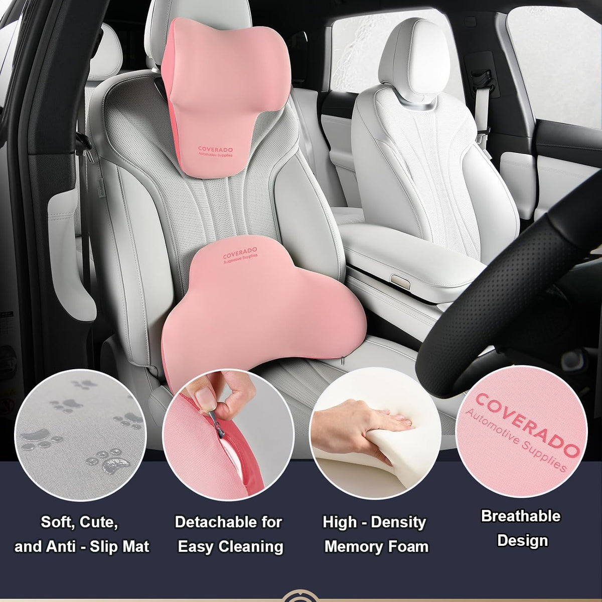 Coverado Lumbar Support and Car Neck Pillow, Ergonomic Memory Foam Desk Chair Cushion and Headrest Pillow for Car Office Chair, Sciatica & Neck & Tailbone Cushion-Pink