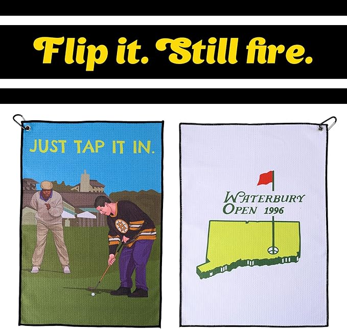 ZEETY Funny Golf Towel – 16" x 24" Premium Microfiber with Clip Holder for Golf Bags – Golf Accessories & Gifts for Men and Women (JUST TAP IT in)