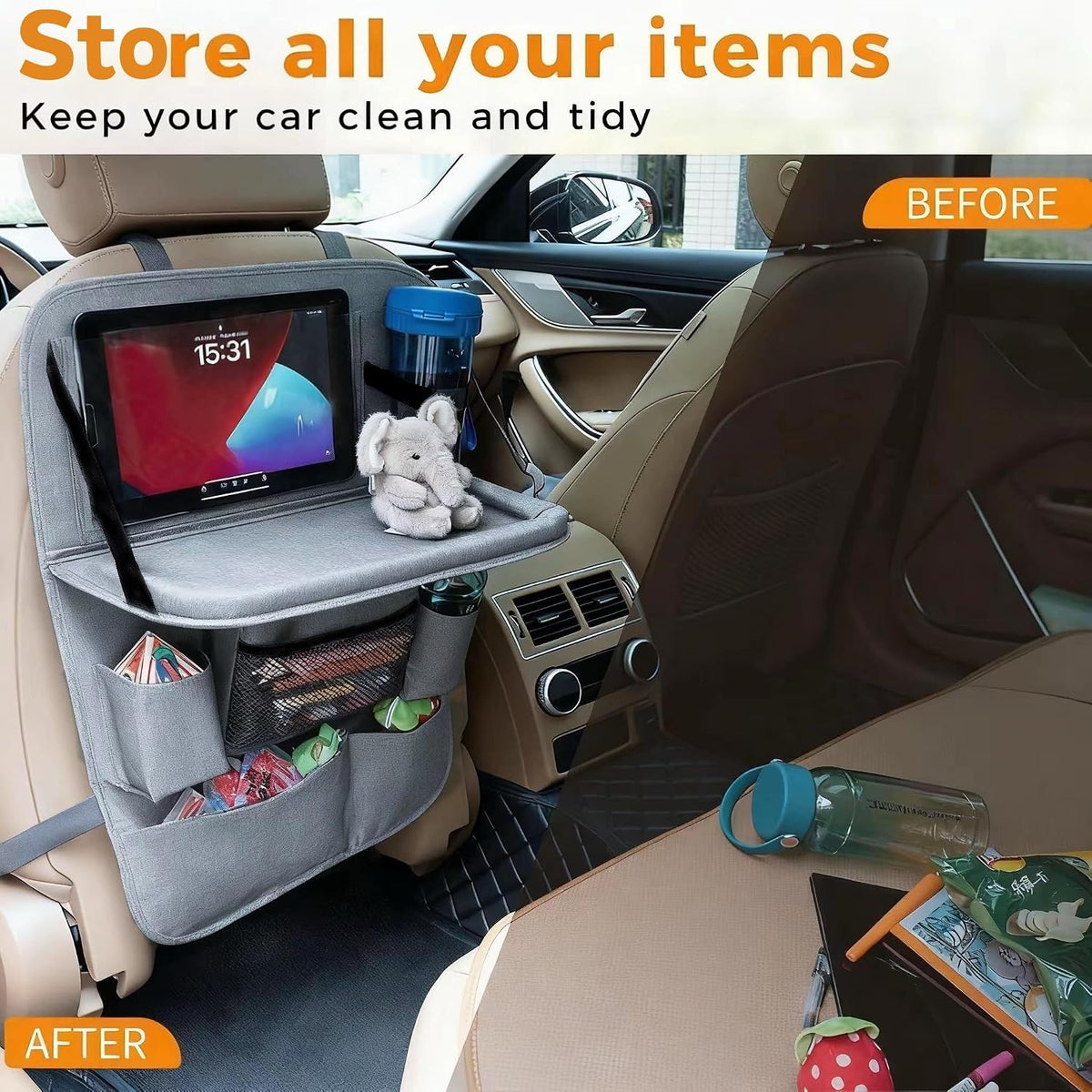 Backseat Car Organizer with Tray, 9 Storage Pockets Back Seat Protector with Foldable Tablet Holder, Waterproof Back of Seat Kick Mats for Kids Adult, Travel Accessories 2 Pack, Gray