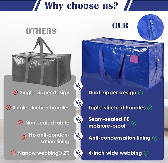 12 Pack Extra Large Heavy Duty Moving Bags with Reinforced Zipper & Wide Handles, Waterproof Storage Bins Packing Cubes for Clothes, College Dorm, Travel, and Home Organization, Blue