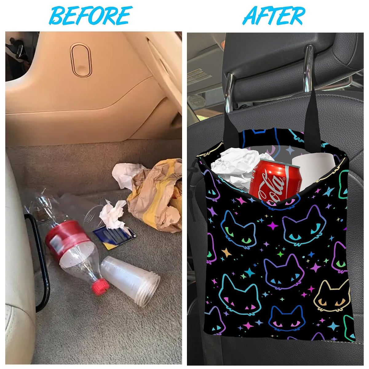 Car Trash Bag Colorful Neon Cat Heads Car Garbage Bag Hanging Car Trash Can for Back Seat with Drawstring, Waterproof Garbage Bags for Accessories Vehicle Travelling Camping Outdoor