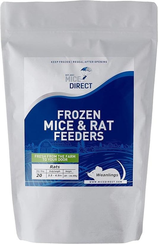 MiceDirect 20 Weanling Rats: Pack of Frozen Weanling Feeder Rats - Food for Corn Snakes, Ball Pythons, Lizards and Other Pet Reptiles - Freshest Snake Feed Supplies