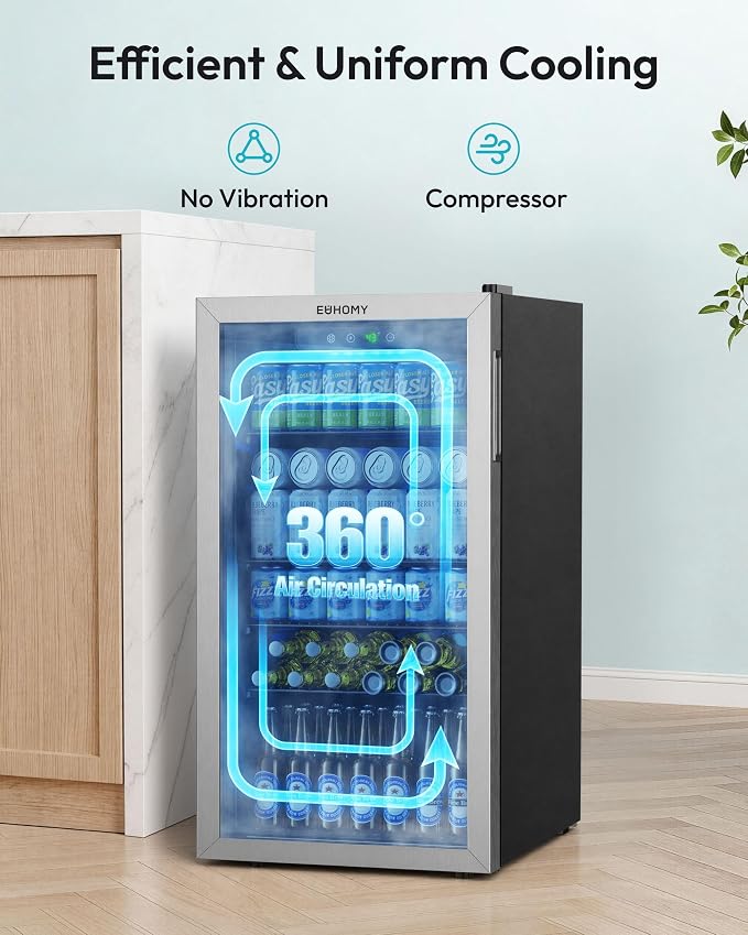 EUHOMY Beverage Refrigerator and Cooler, 128 Can Mini fridge with Glass Door, Small Refrigerator with Removable Shelves for Soda Beer or Wine, Perfect for Home/Bar/Office, Silver