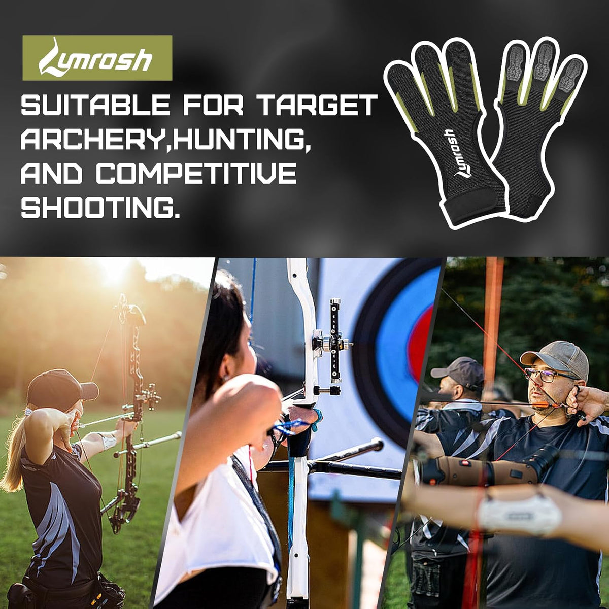 Skiennix Archery Gloves - 3 Finger Cowhide Shooting Gear for Men, Women & Kids | Black, Large