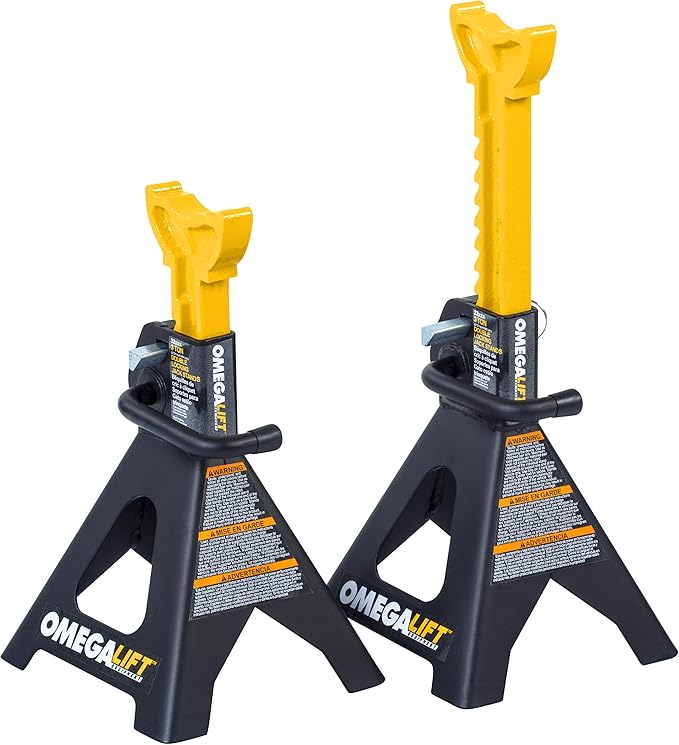 32038 3 Ton Jack Stands Pair - Heavy Duty Double Locking Pins - Handle Lock and Mobility Pin for Auto Repair Shop, Black/Yellow
