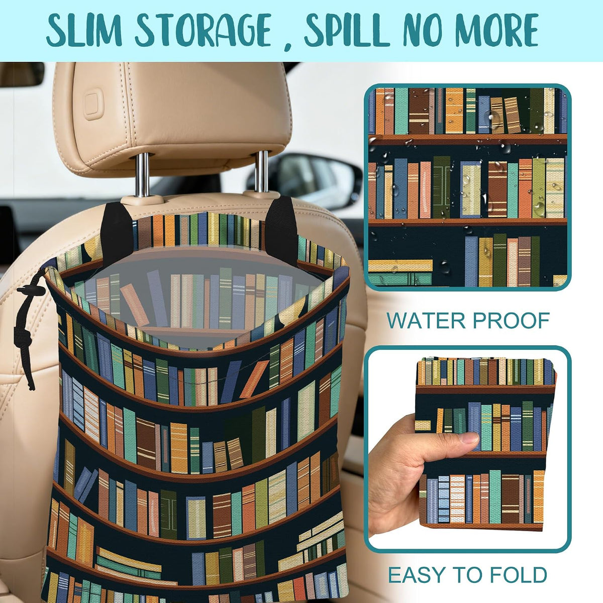 Car Trash Bag Books on Shelves Leak-Proof Car Garbage Bag with Drawstring Foldable Canvas Trash Bin with Adjustable Buckle for Car Accessories