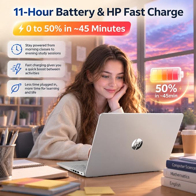 HP 14 Laptop for Students and Home Use, Intel Processor N150, 16GB RAM | 128GB UFS+256GB MSD, 14" HD Display, Wi-Fi 6, 1-Year Microsoft 365, Copilot AI Key, Lightweight, Natural Silver, W/Mouse