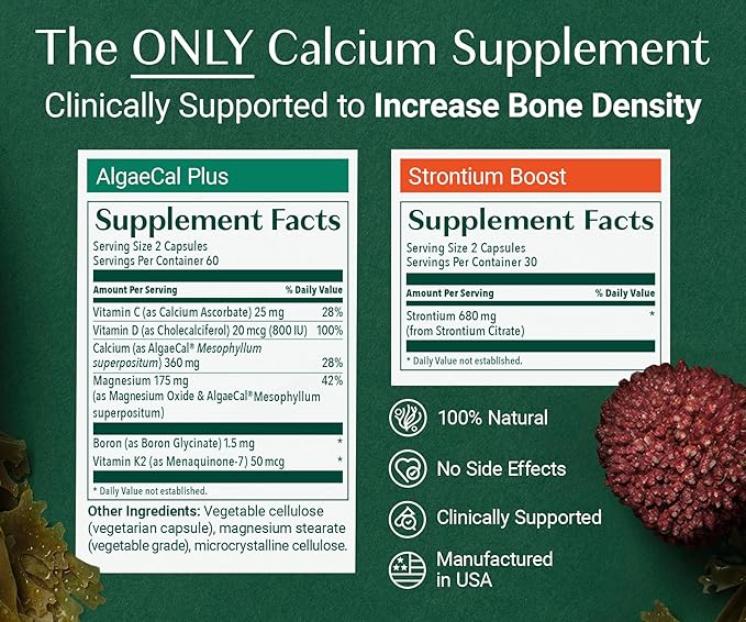ALGAECAL - Bone Builder Pack for Bone Density, Clinically Supported Plant Based Calcium Supplements & Strontium, Vitamins K2, D3, Magnesium & 16 Minerals, 3-Month Supply, Made in USA