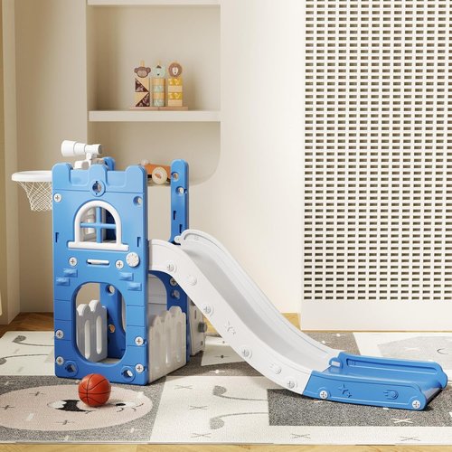 LulliSpace 6-in-1 Toddler Slide - Indoor/Outdoor Climber with Storage, Telescope & Basketball Hoop | Blue