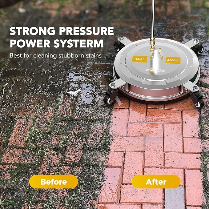 EVEAGE 14.5" Pressure Washer Surface Cleaner,Stainless Steel Pressure Washer Accessories 4 Weels & 1/4" Quick Connector,4000 PSI Power Washer for Driveway (Silver, 14.5inch)