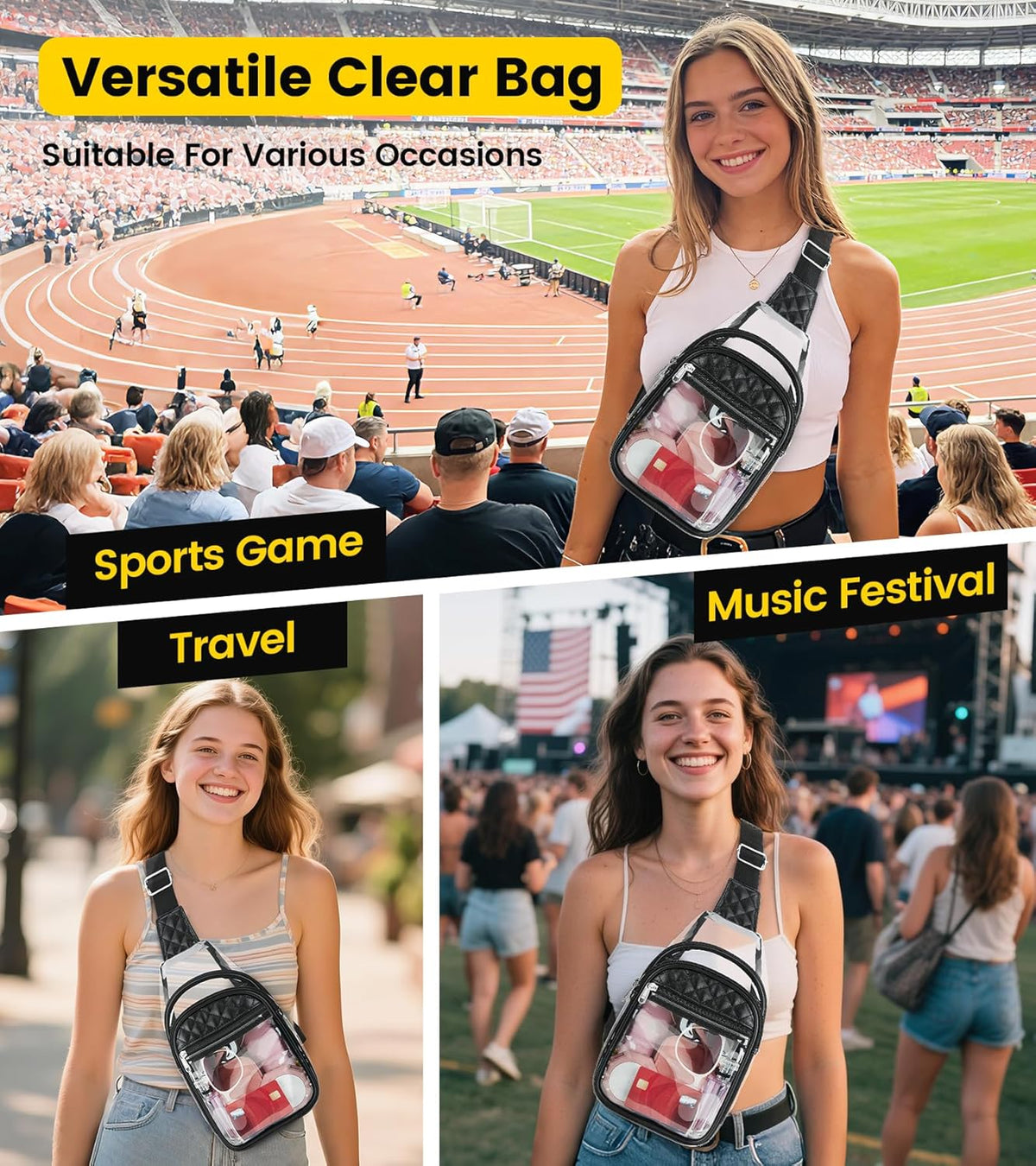Vorspack Clear Stadium Bag - Stylish Crossbody Bag for Concerts & Sports Events | Transparent Design