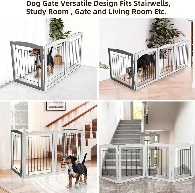 ZJSF Freestanding Foldable Dog Gate for House Extra Wide Wooden Grey Puppy Gate Stairs Dog Gates Doorways Tall Pet Gate 24" Height 3 Panels Pet Fence