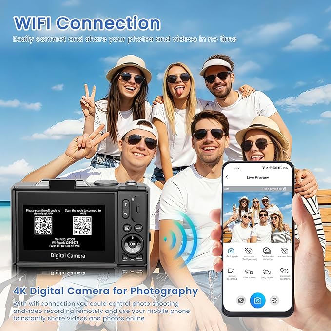 4K Digital Camera for Photography, 64MP HD WiFi Vlogging Camera for YouTube