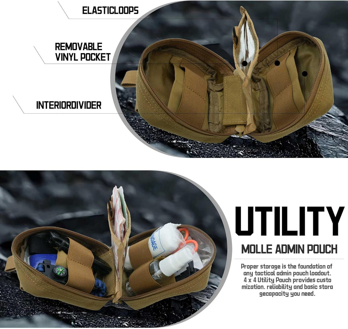 Upgrade Tactical Molle Admin Pouch - Laser Cut Design with Flag | 4x4 Inches, Interior Divider & Vinyl Pocket