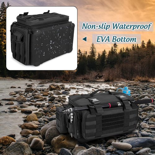 DSLEAF Waterproof Fishing Tackle Box Bag - Soft Storage with Rod Holder & Non-Slip Base for All Waters