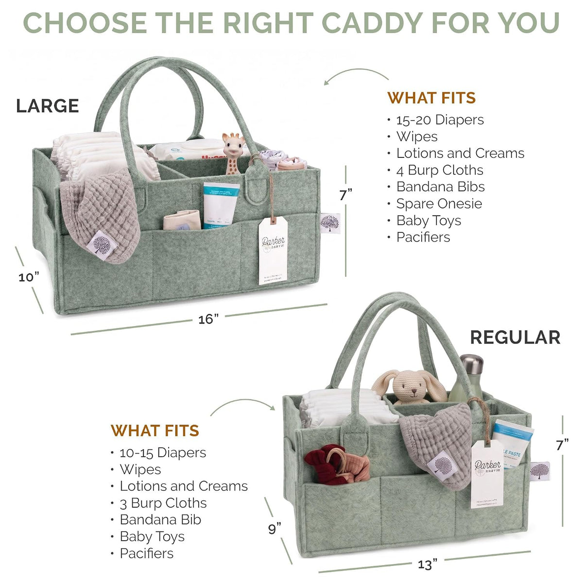 Parker Baby Diaper Caddy - Nursery Storage Bin and Car Organizer for Diapers and Baby Wipes - Sage Green, Regular