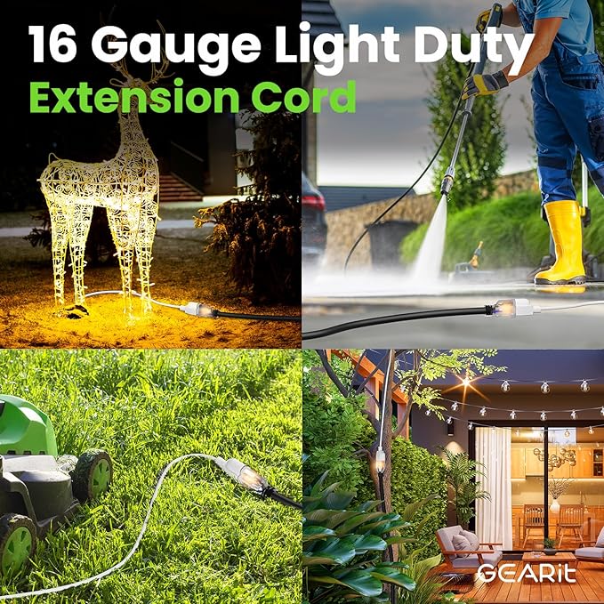 GEARit 100 Ft Extension Cords 16/3 Gauge 360° Rotating Plug Outdoor/Indoor SJTW 16 AWG 3 Prong Heavy Duty Power Cable 13A 125V 1625W for Lawn, Garden, Appliances Black