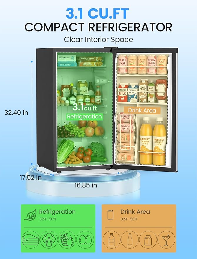 COWSAR 3.1 Cu.ft Mini Dorm Fridge for Bedroom Apartment Office, Silver | Reversible Single Door, Adjustable Thermostat, Energy Saving, Remove Glass Shelves, Compact Small Fridge for College Dorm