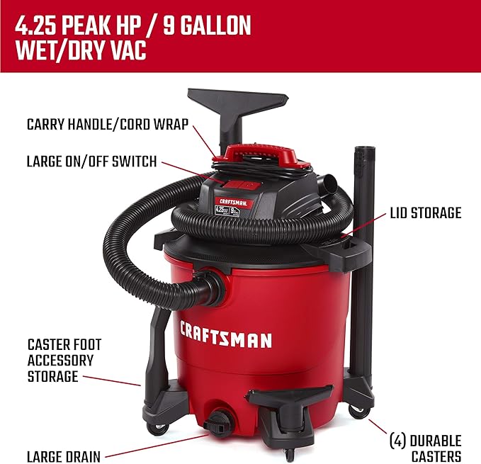 CRAFTSMAN CMXEVBE17590 9 Gallon 4.25 Peak HP Wet/Dry Vac, Portable Shop Vacuum with Attachments and Additional Dust Collection Bags