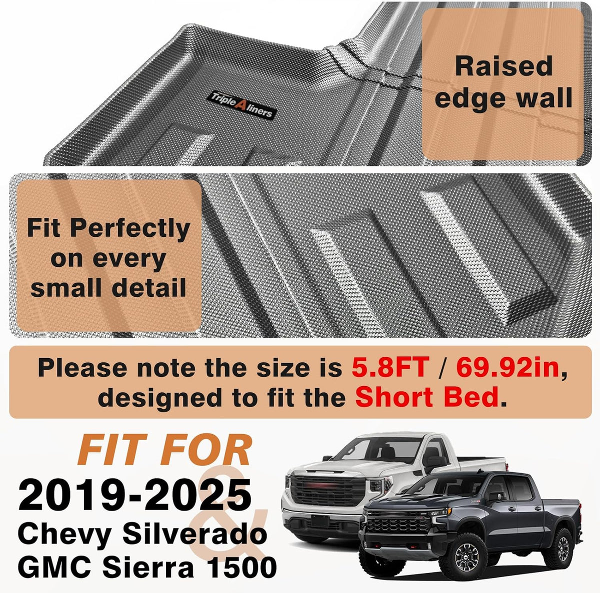 TripleAliners Truck Mat Compatible with 2019-2026 Chevy Silverado/GMC Sierra 1500 5.8FT Accessories, Truck Bed Mat Heavy Duty Custom Fit All Weather Protection TPE Pickup Bed Liner