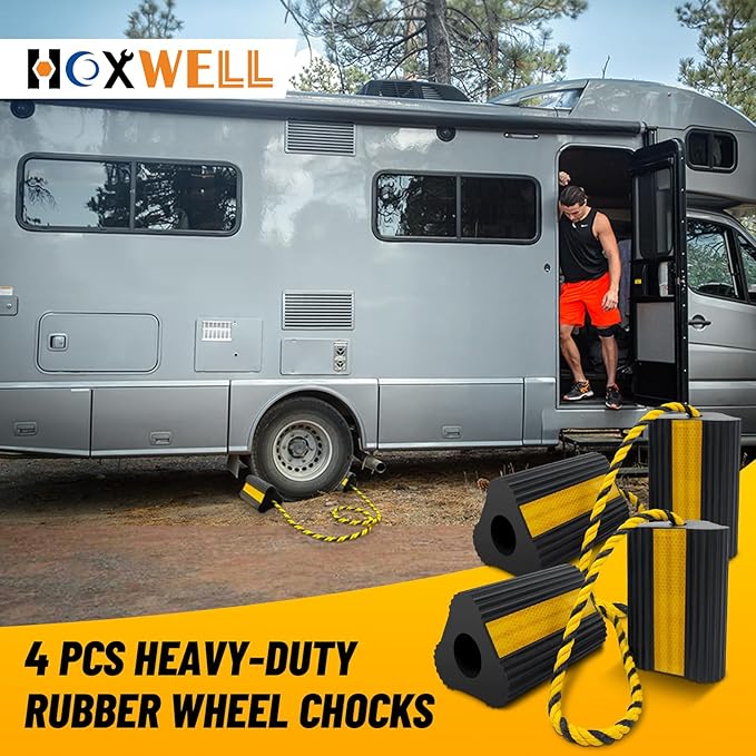 HOXWELL Wheel Chocks (2pair/4pack with Rope) for RV Trailer Camper Truck Car Aircraft, Versatile Heavy Duty Rubber Wheel Chocks Block with 3 Reflective Strips, Tire Wheel Immobilizers & Chocks