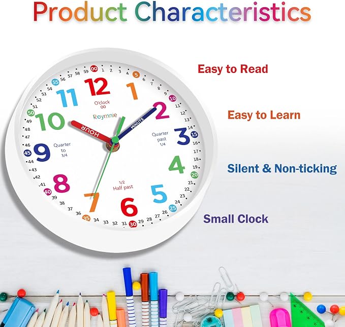 Roymnie Wall Clock for Kids Learning to Tell Time Non Ticking Battery Operated