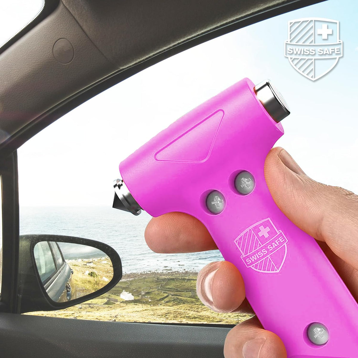 Swiss Safe 5-in-1 Emergency Car Safety Hammer – Car Window Breaker &amp; Seatbelt Cutter, Heavy-Duty Escape Tool for Vehicle Emergencies and Auto Kits – Pink, 1 Pack