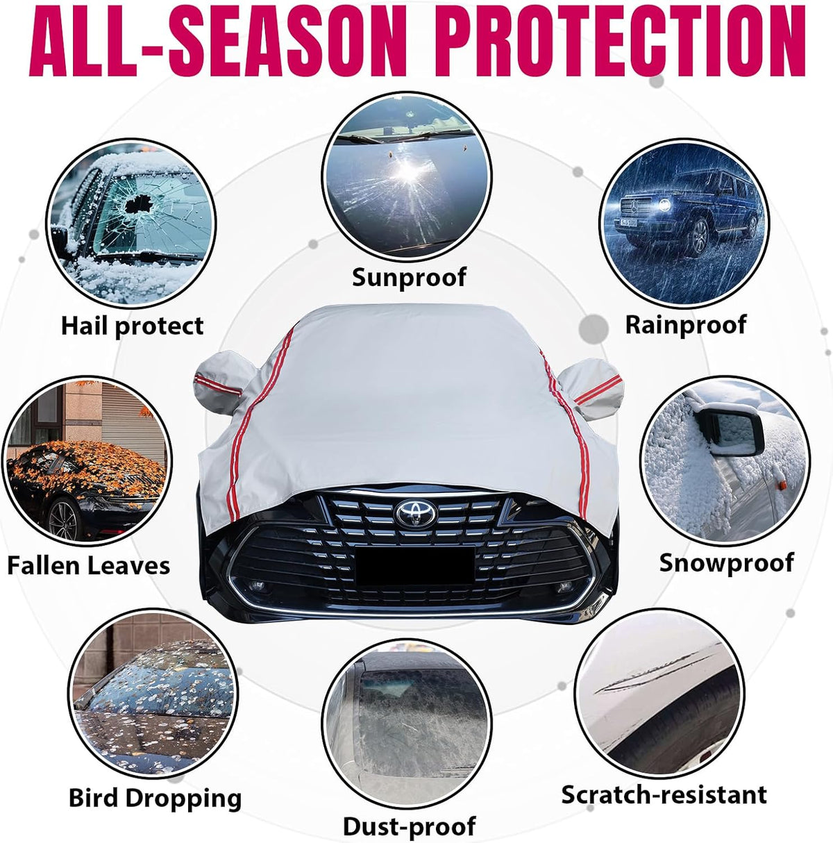 Half Car Cover Sedan,Top Cover with Red Reflective Strip, Hail Protector Car Cover with Cotton Liner, Sunroof & Windshield Cover for Ice and Snow, All Weather Car Body Cover for Sun, Rain, Dust