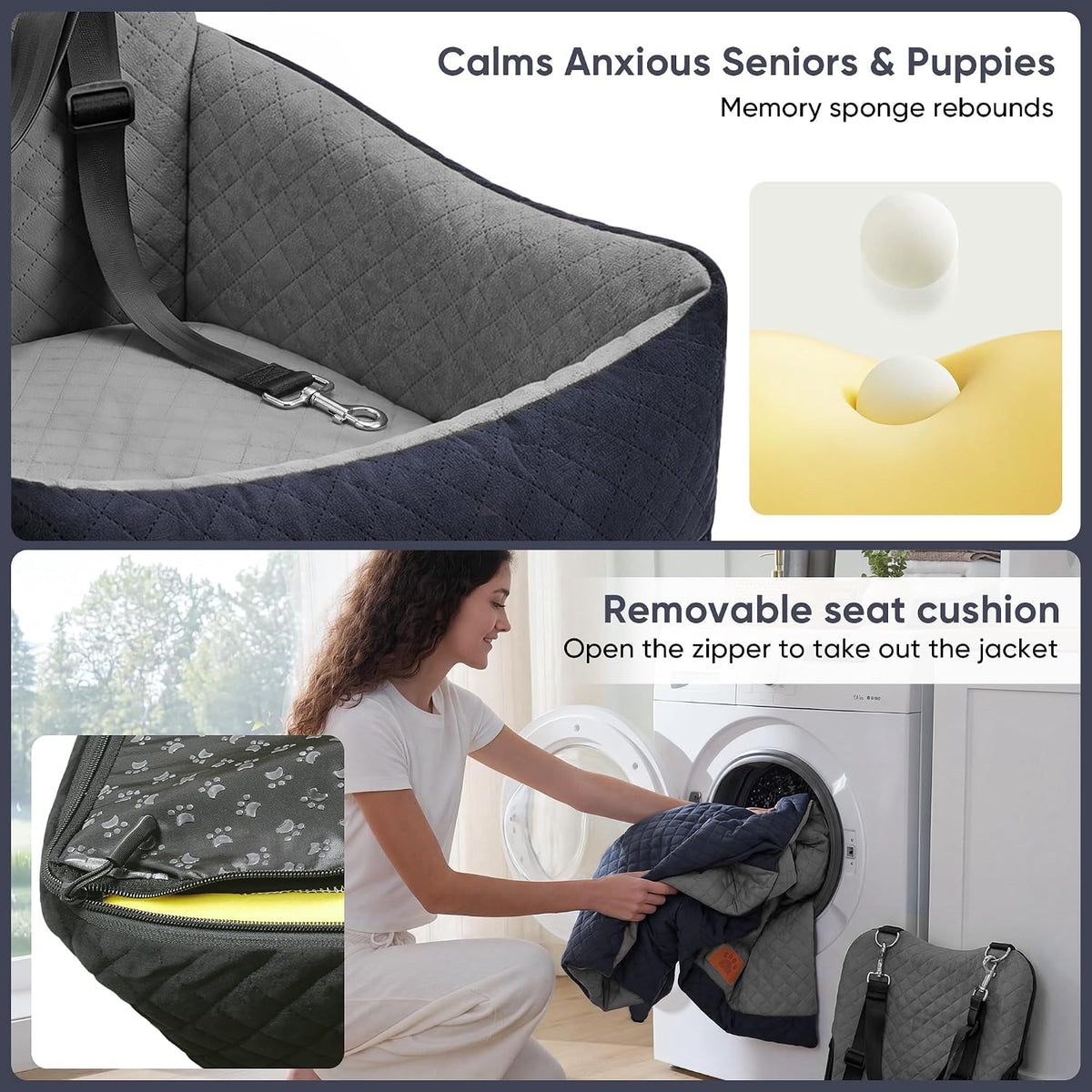 Elevated Dog Car Seat for Small & Medium Dogs Up to 35lbs - Washable Memory Foam Portable Dog Booster Seat, Senior & Puppy Pet Travel Bed for Car (Black/Grey)