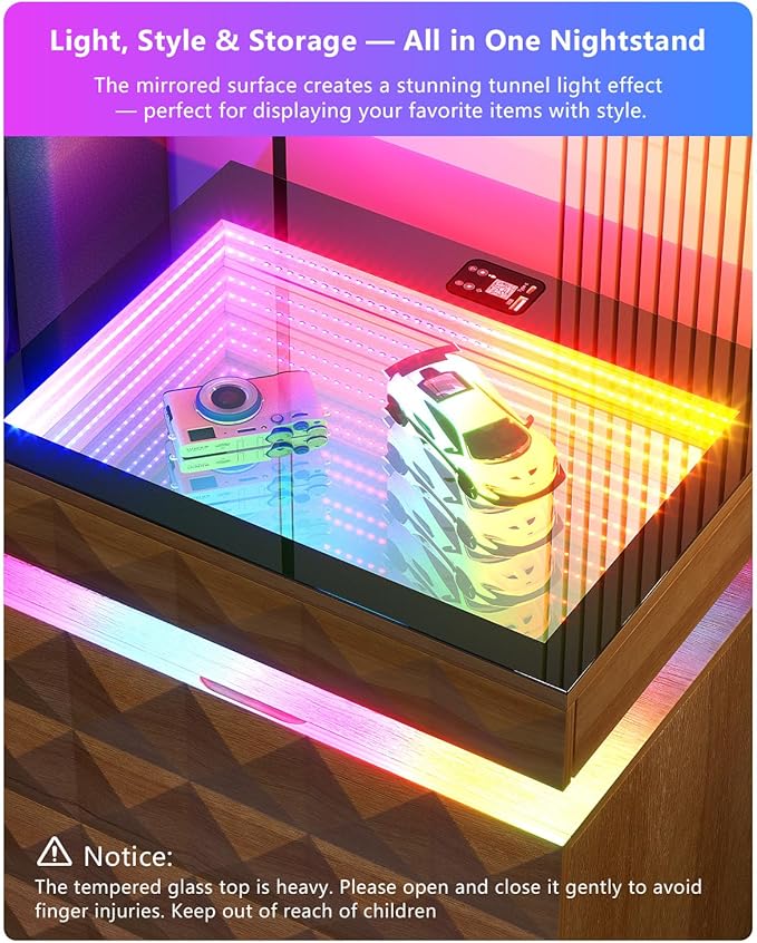 Wood Night Stand with Charger Station & RGB Lights, LED Bedside Table with Tempered Glass, Sliding Top, 3 Drawers and Hidden Storage, End Side Table for Bedroom Livingroom